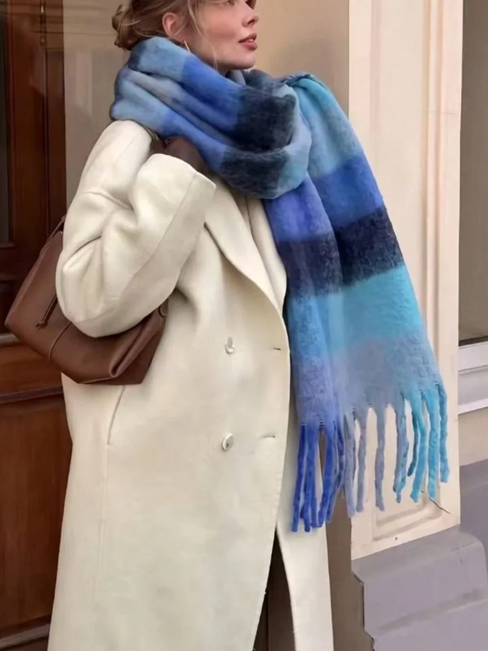 Blue warm cozy Women's Plaid Plush Warm oblong tassel Scarf